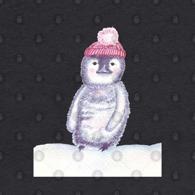 Cute little penguin in a red pompom hat by Wolshebnaja